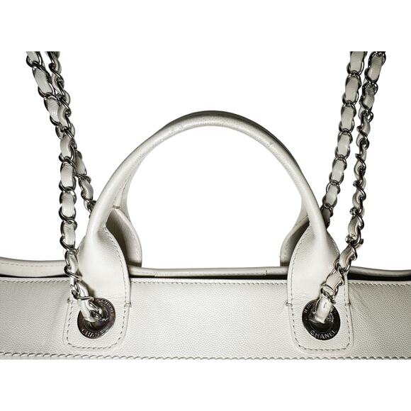CHANEL Deauville Ivory Caviar Leather Studded GM Large Chain Shopping Tote SHW - Picture 8 of 11